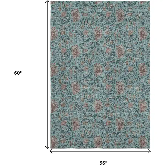 Teal And Brown Floral Washable Area Rug With UV Protection Photo 5