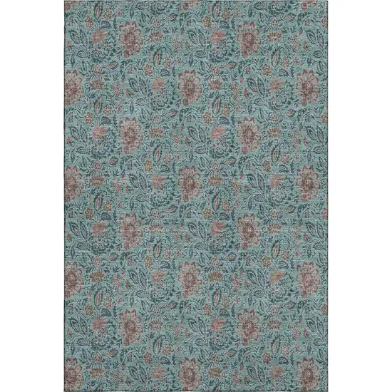 Teal And Brown Floral Washable Area Rug With UV Protection Photo 1