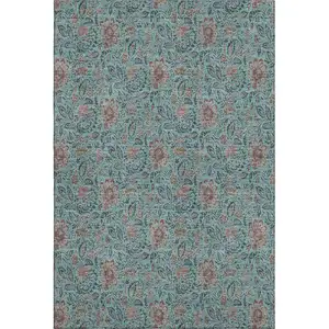 Photo of Teal And Brown Floral Washable Area Rug With UV Protection