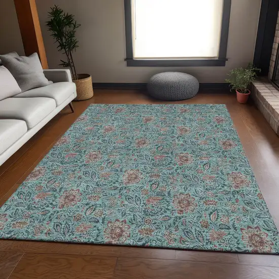 Teal And Brown Floral Washable Area Rug With UV Protection Photo 3