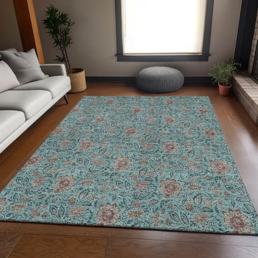 Teal And Brown Floral Washable Area Rug With UV Protection Photo 3