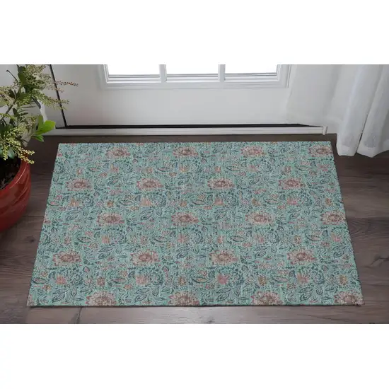 Teal And Brown Floral Washable Area Rug With UV Protection Photo 2