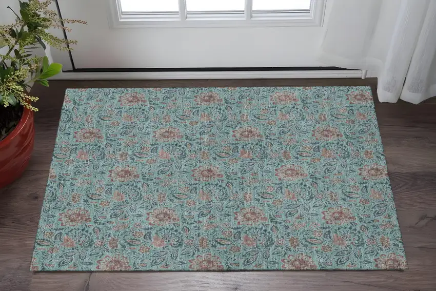 Teal And Brown Floral Washable Area Rug With UV Protection Photo 2