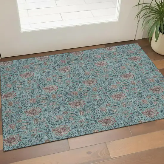 Teal And Brown Floral Washable Area Rug With UV Protection Photo 1