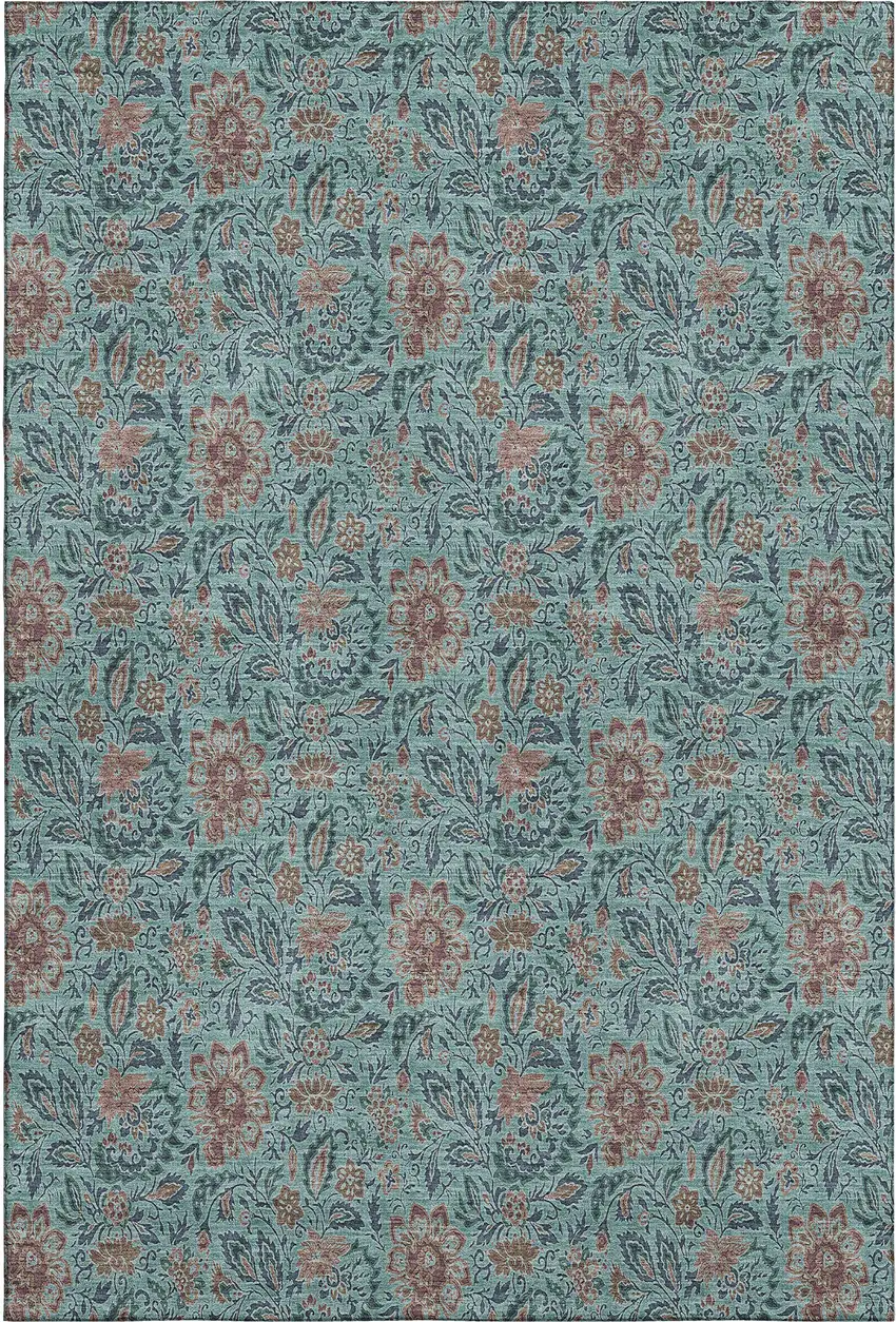 Teal And Brown Floral Washable Area Rug With UV Protection Photo 2