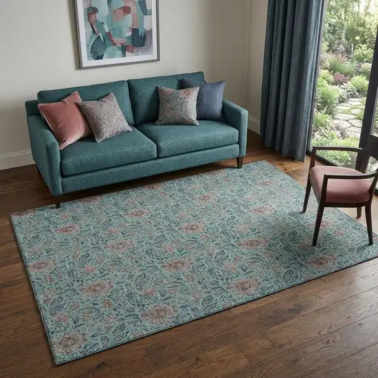 Teal And Brown Floral Washable Area Rug With UV Protection Photo 1