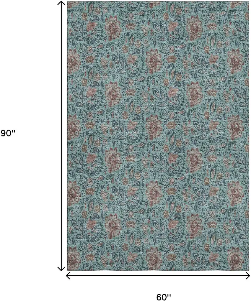 Teal And Brown Floral Washable Area Rug With UV Protection Photo 3