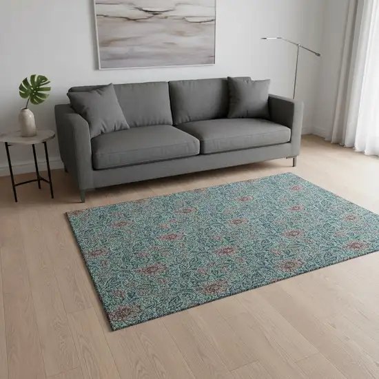 Teal And Brown Floral Washable Area Rug With UV Protection Photo 1