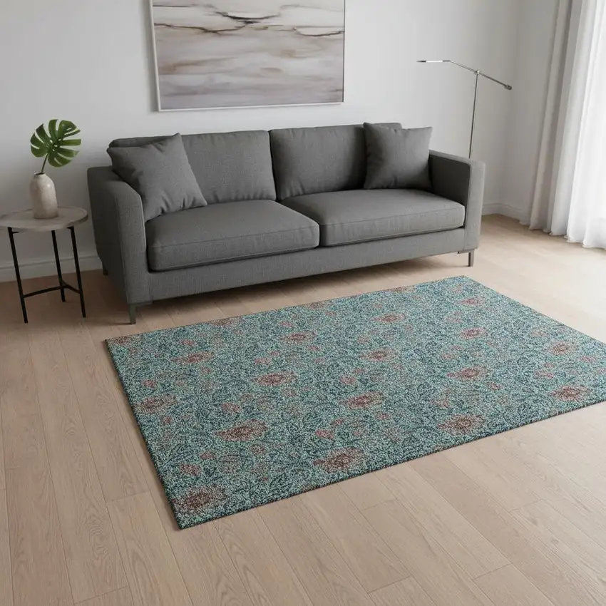 Teal And Brown Floral Washable Area Rug With UV Protection Photo 1