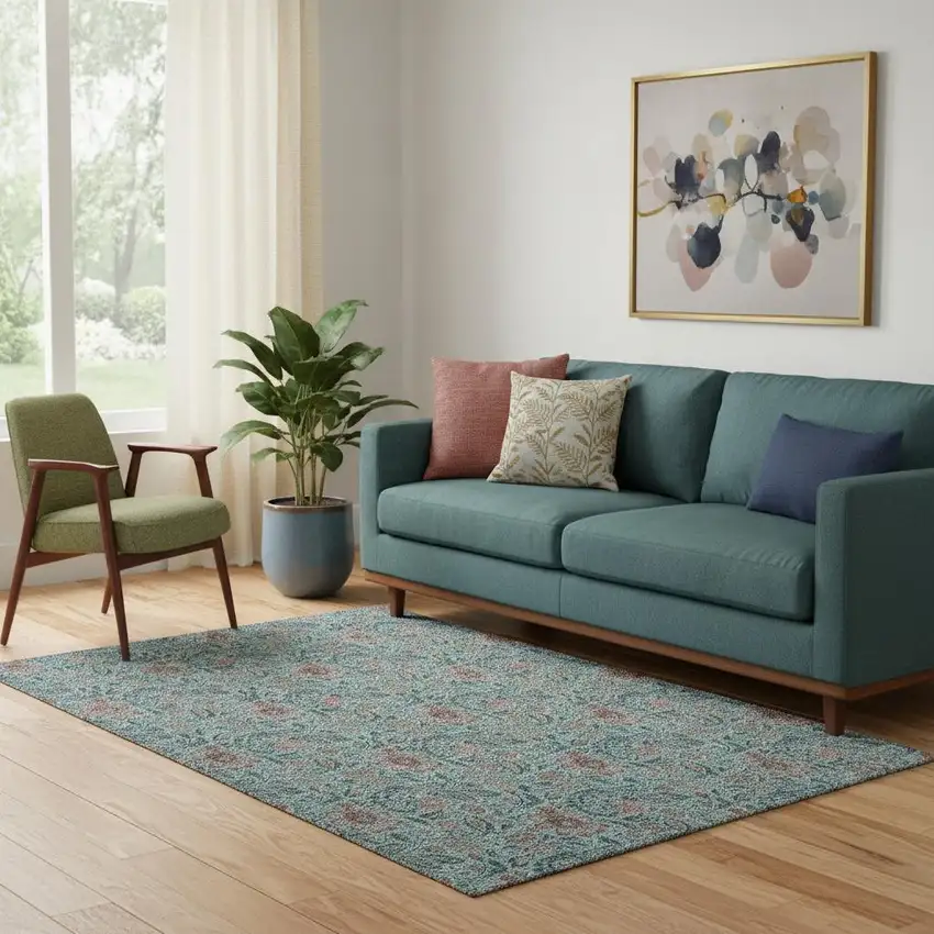 Teal And Brown Floral Washable Area Rug With UV Protection Photo 1