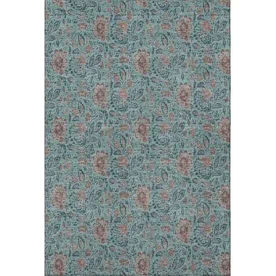 Teal And Brown Floral Washable Area Rug With UV Protection Photo 4