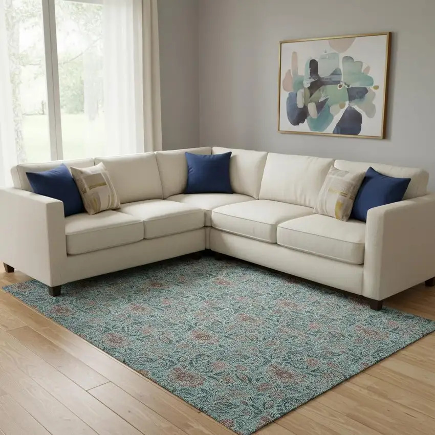 Teal And Brown Floral Washable Area Rug With UV Protection Photo 1