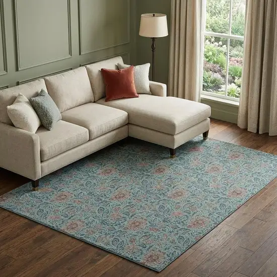 Teal And Brown Floral Washable Area Rug With UV Protection Photo 1