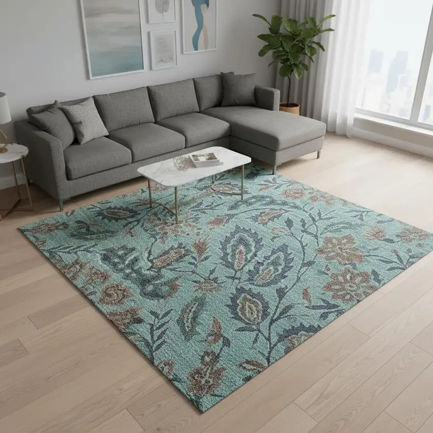 Teal And Brown Floral Washable Area Rug With UV Protection Photo 1