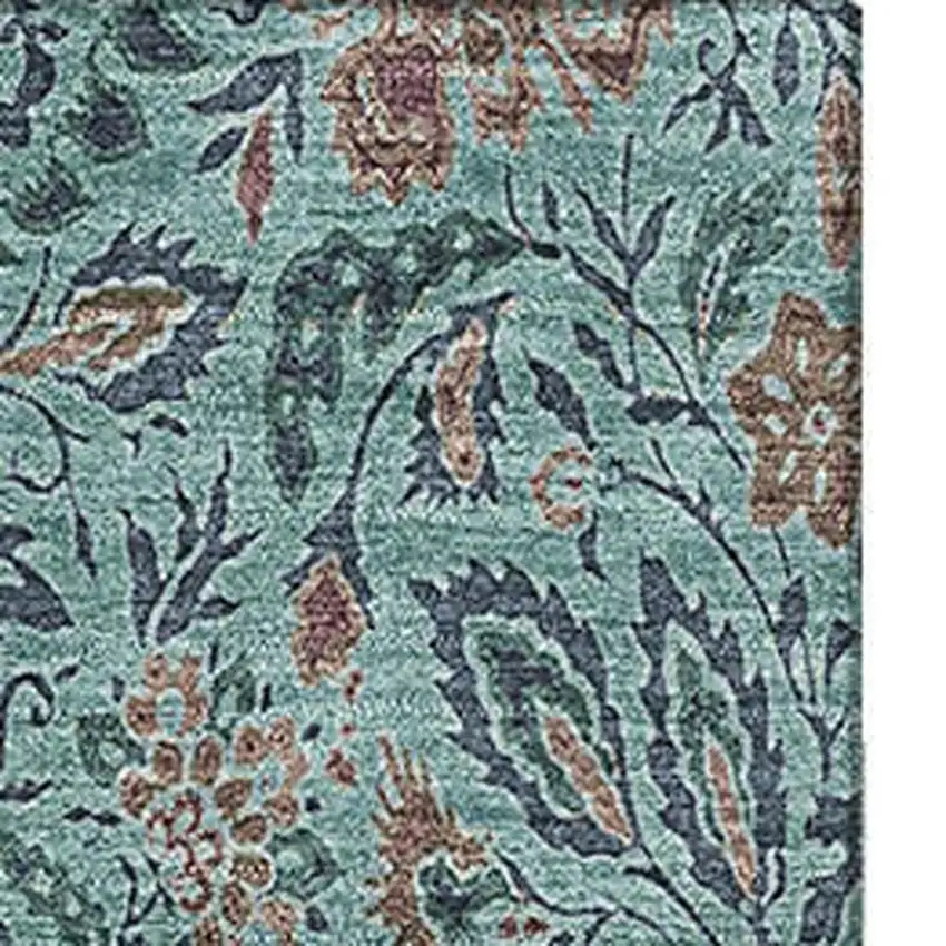 Teal And Brown Floral Washable Area Rug With UV Protection Photo 5