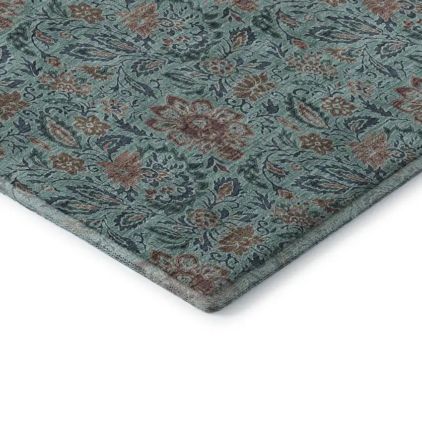 Teal And Brown Floral Washable Area Rug With UV Protection Photo 9