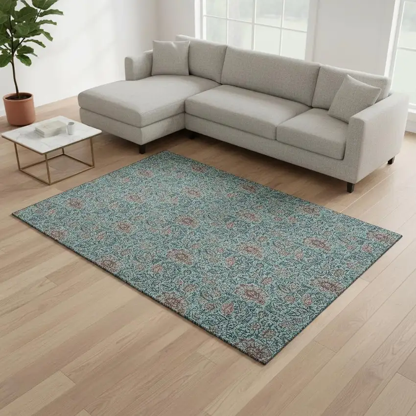Teal And Brown Floral Washable Area Rug With UV Protection Photo 1