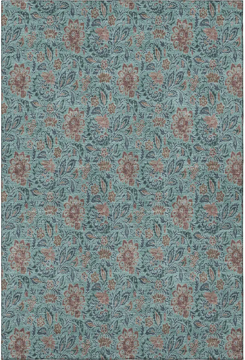 Teal And Brown Floral Washable Area Rug With UV Protection Photo 4