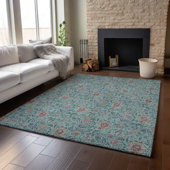 Teal And Brown Floral Washable Area Rug With UV Protection Photo 7