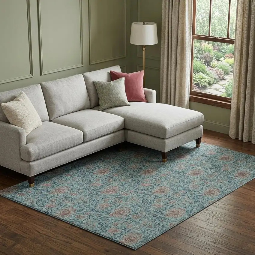 Teal And Brown Floral Washable Area Rug With UV Protection Photo 1