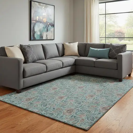 Teal And Brown Floral Washable Area Rug With UV Protection Photo 1