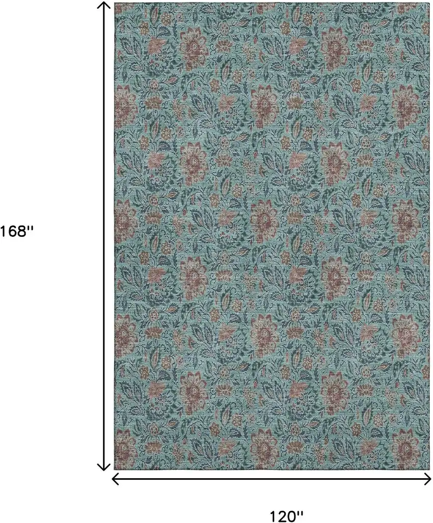 Teal And Brown Floral Washable Area Rug With UV Protection Photo 3