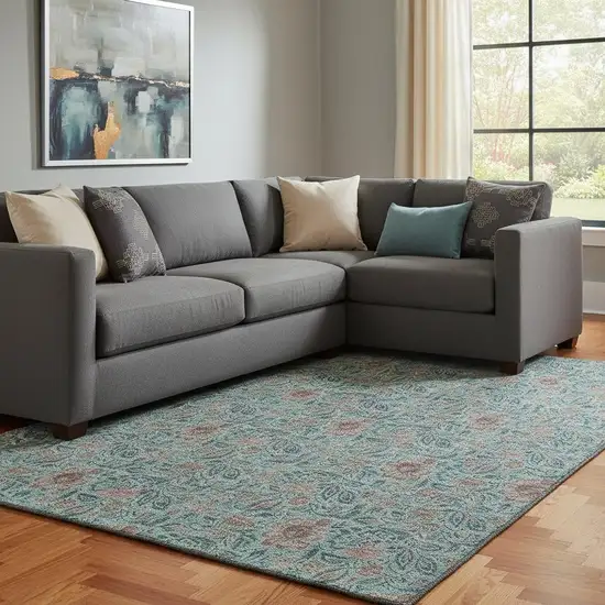 Teal And Brown Floral Washable Area Rug With UV Protection Photo 1