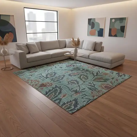 Teal And Brown Floral Washable Area Rug With UV Protection Photo 1