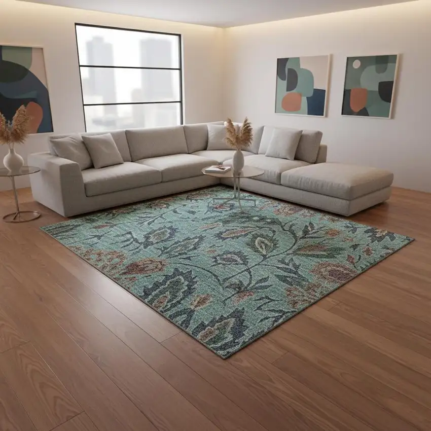 Teal And Brown Floral Washable Area Rug With UV Protection Photo 1