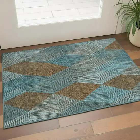 Teal And Brown Geometric Washable Area Rug With UV Protection Photo 2