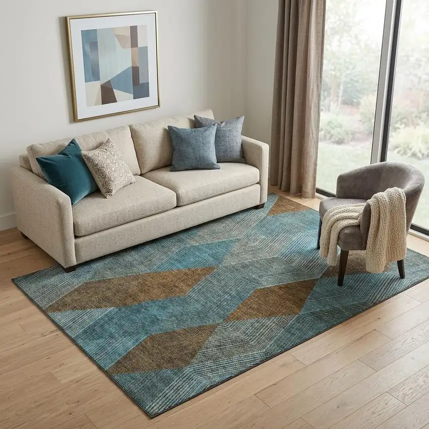 Teal And Brown Geometric Washable Area Rug With UV Protection Photo 1