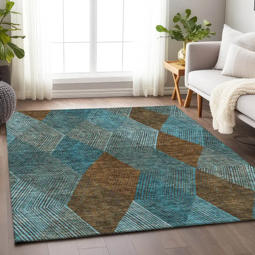 Teal And Brown Geometric Washable Area Rug With UV Protection Photo 3