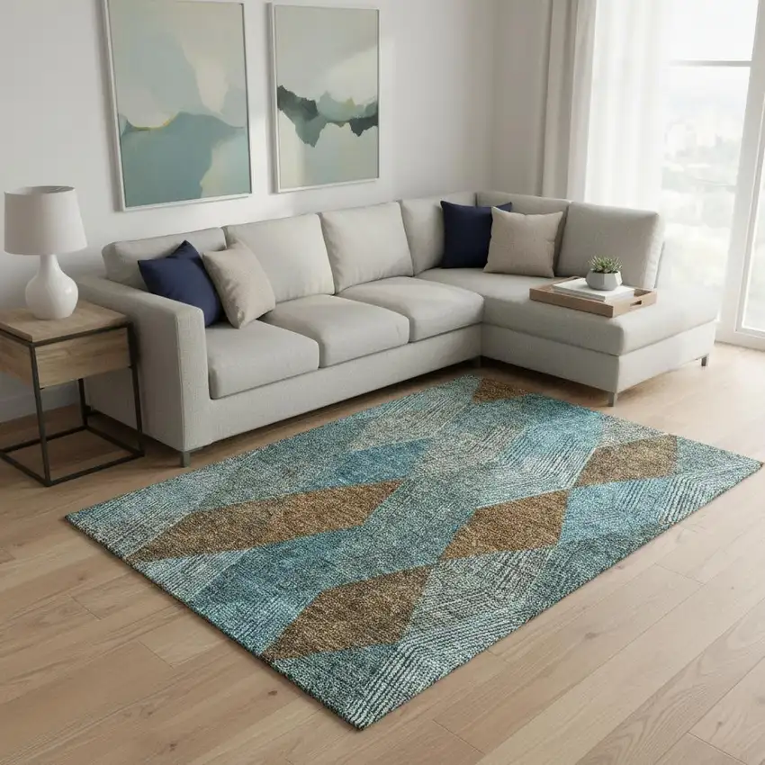 Teal And Brown Geometric Washable Area Rug With UV Protection Photo 2