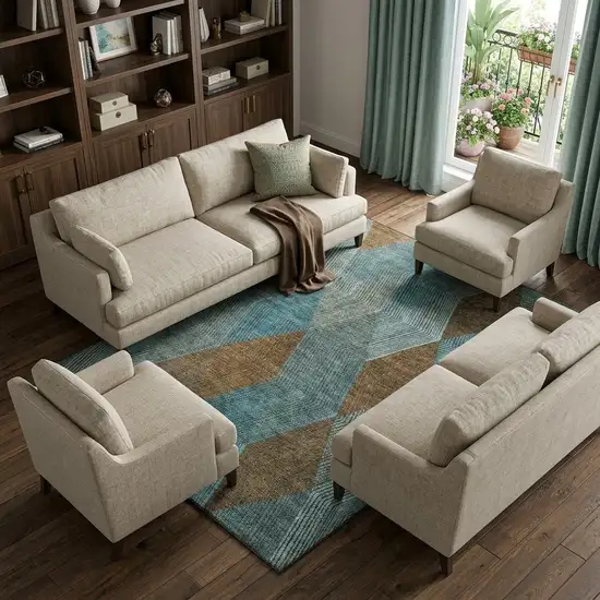 Teal And Brown Geometric Washable Area Rug With UV Protection Photo 1