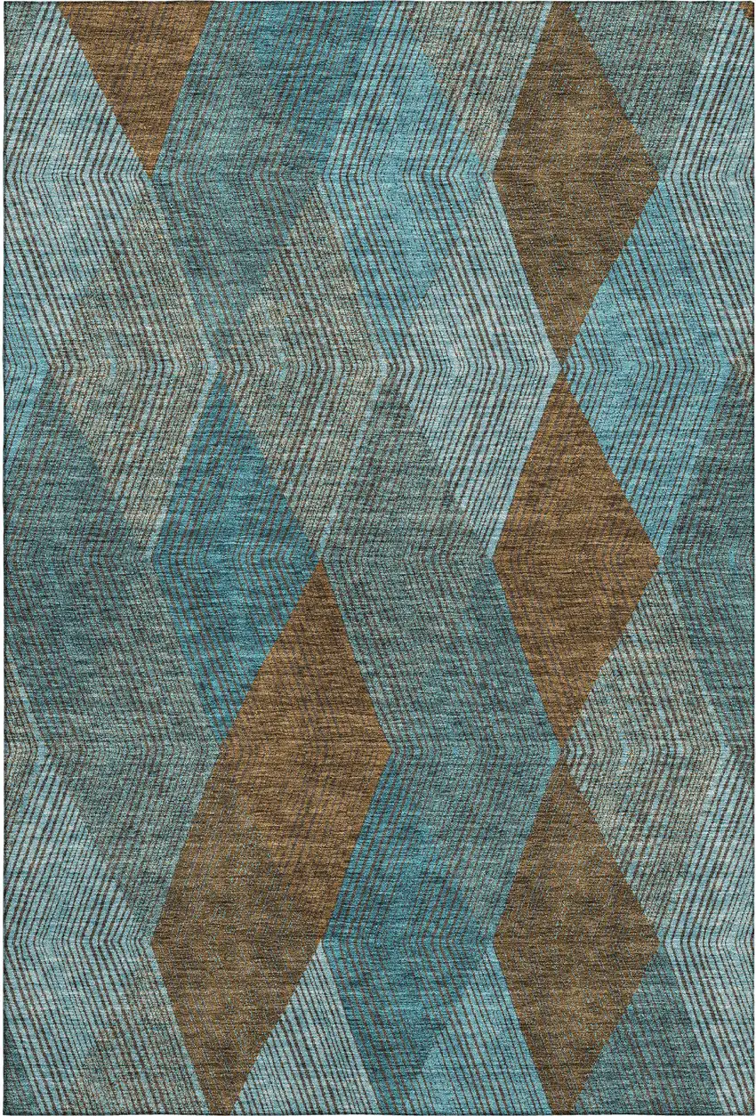 Teal And Brown Geometric Washable Area Rug With UV Protection Photo 1