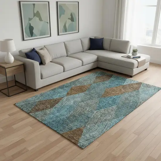 Teal And Brown Geometric Washable Area Rug With UV Protection Photo 2