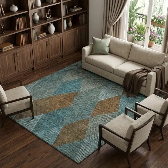 Teal And Brown Geometric Washable Area Rug With UV Protection Photo 1