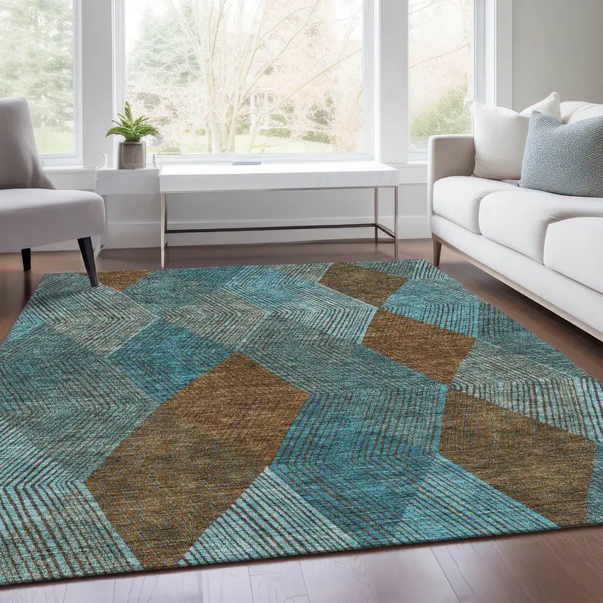 Teal And Brown Geometric Washable Area Rug With UV Protection Photo 5