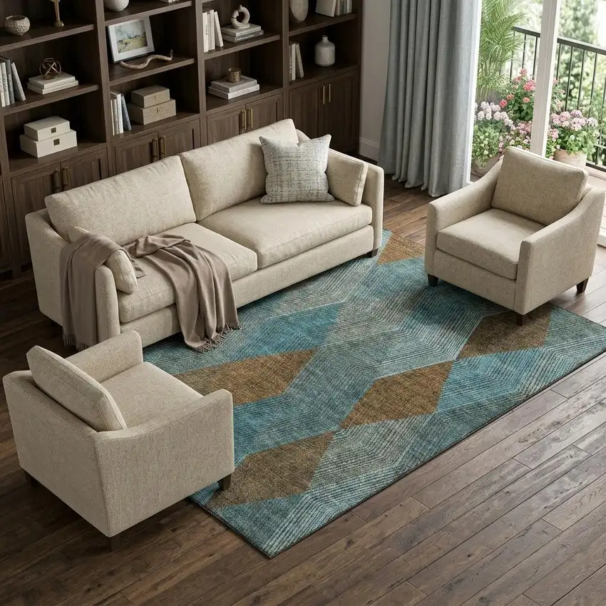 Teal And Brown Geometric Washable Area Rug With UV Protection Photo 1