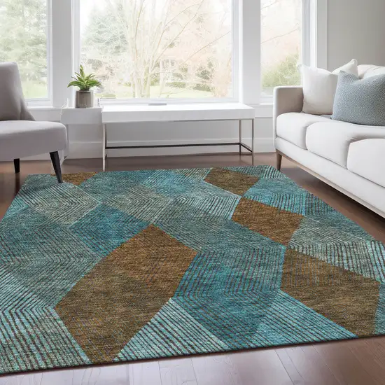 Teal And Brown Geometric Washable Area Rug With UV Protection Photo 4