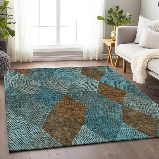Teal And Brown Geometric Washable Area Rug With UV Protection Photo 3