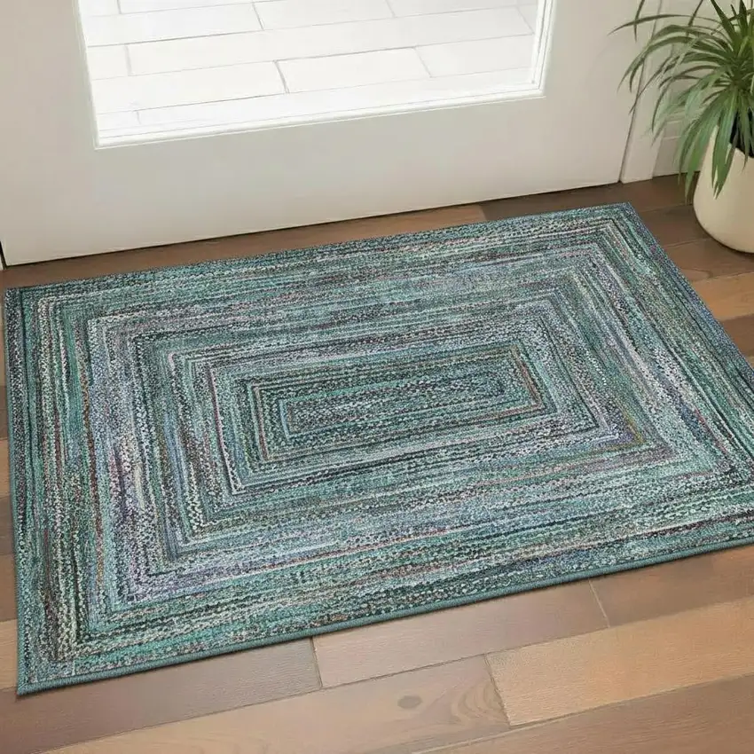 Teal And Brown Geometric Washable Area Rug With UV Protection Photo 2
