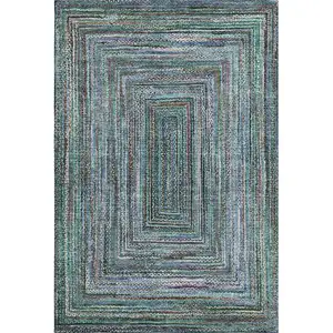 Photo of Teal And Brown Geometric Washable Area Rug With UV Protection