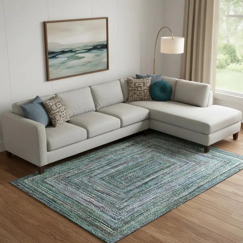 Teal And Brown Geometric Washable Area Rug With UV Protection Photo 2