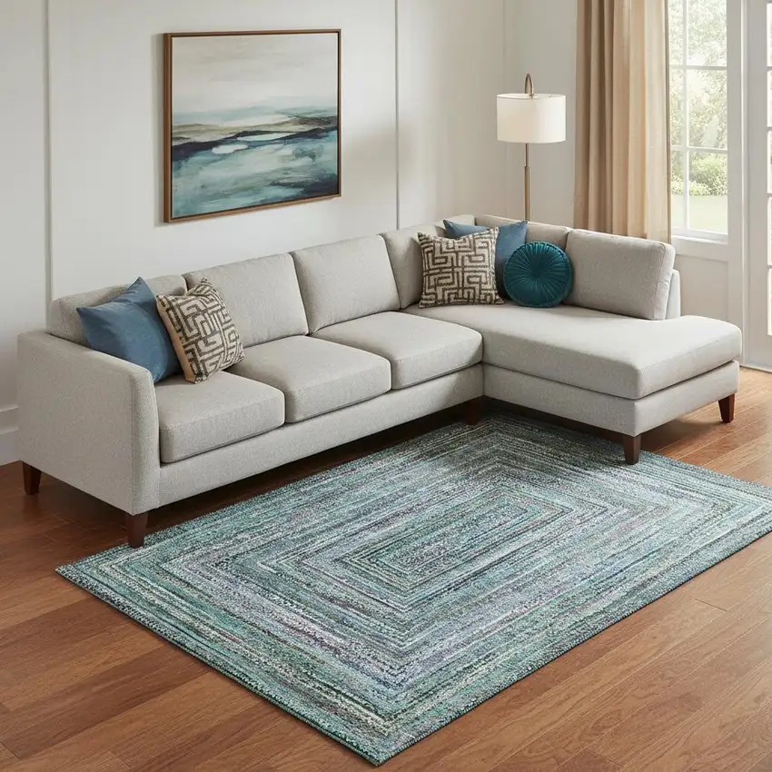 Teal And Brown Geometric Washable Area Rug With UV Protection Photo 2