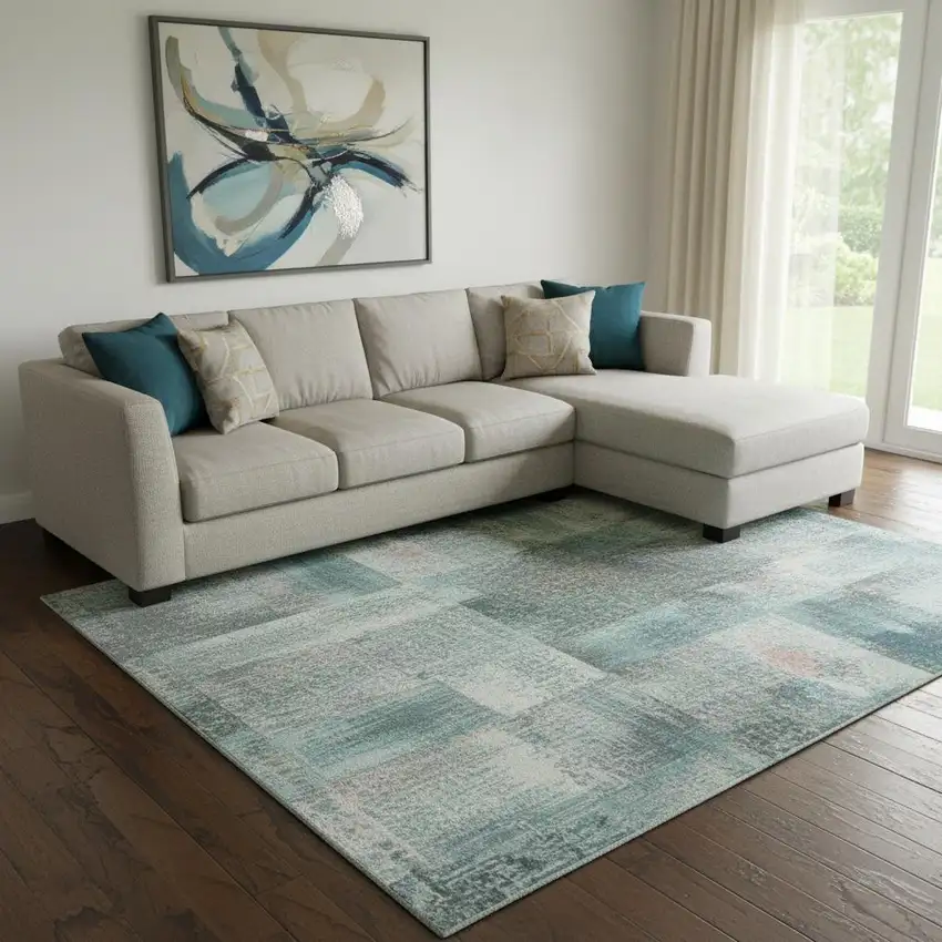 Teal And Brown Geometric Washable Area Rug With UV Protection Photo 2