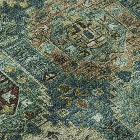 Teal And Brown Medallion Washable Area Rug With UV Protection Photo 7
