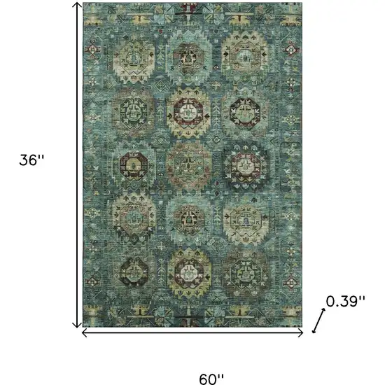 Teal And Brown Medallion Washable Area Rug With UV Protection Photo 8