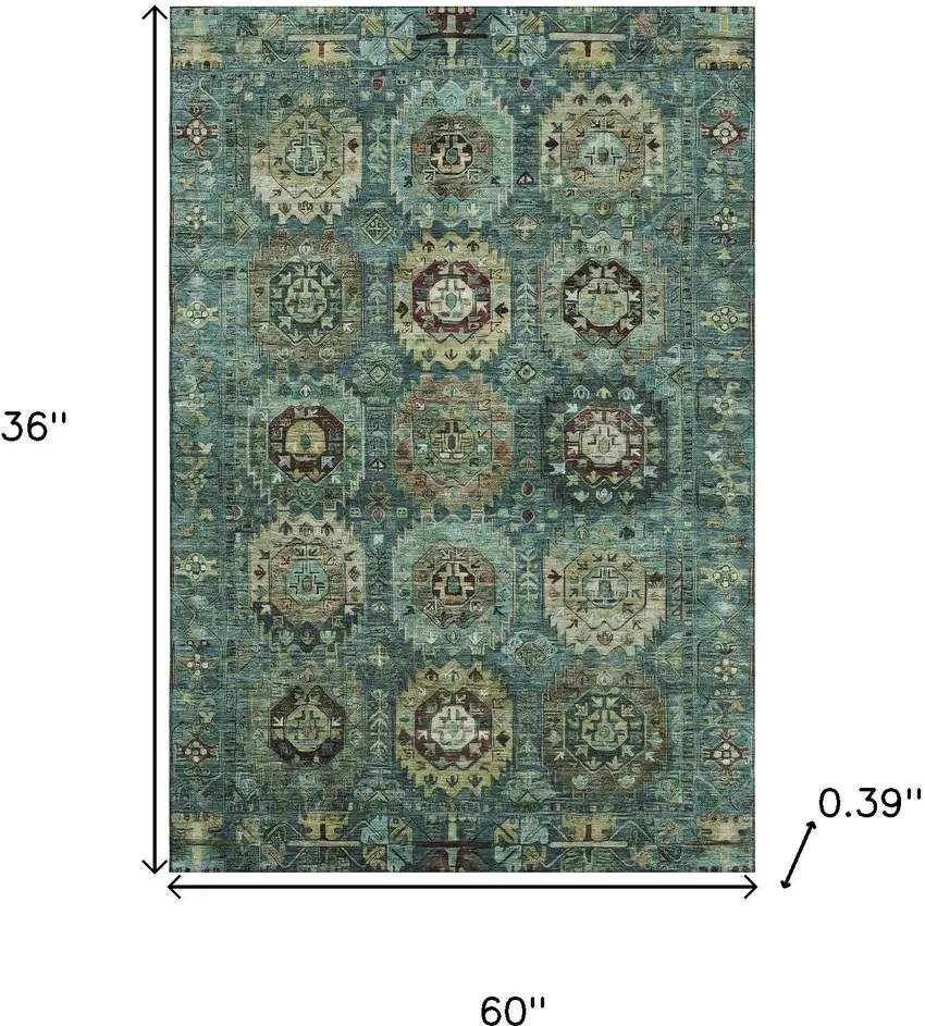 Teal And Brown Medallion Washable Area Rug With UV Protection Photo 8
