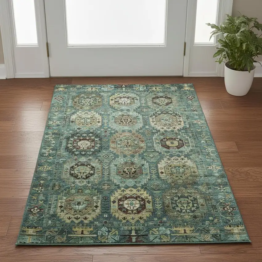 Teal And Brown Medallion Washable Area Rug With UV Protection Photo 2